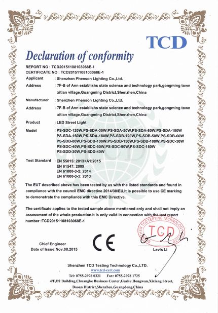 China XT-Phenson lighting Tech.,Ltd Certificaten